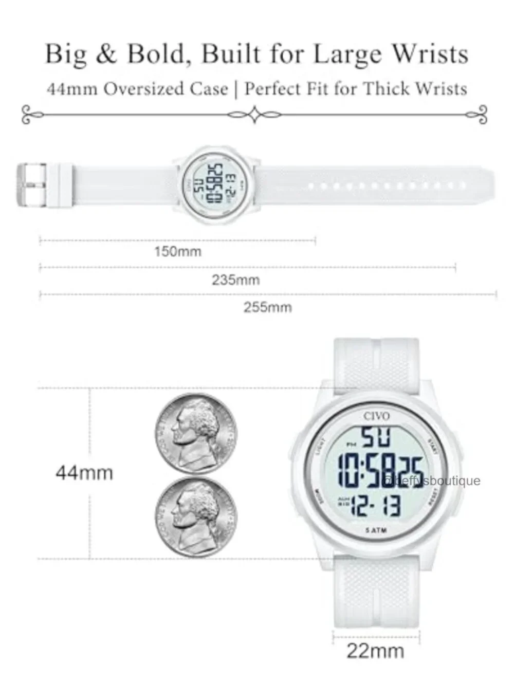 Waterproof 44mm Sport Watch Stopwatch Alarm Silicone Strap